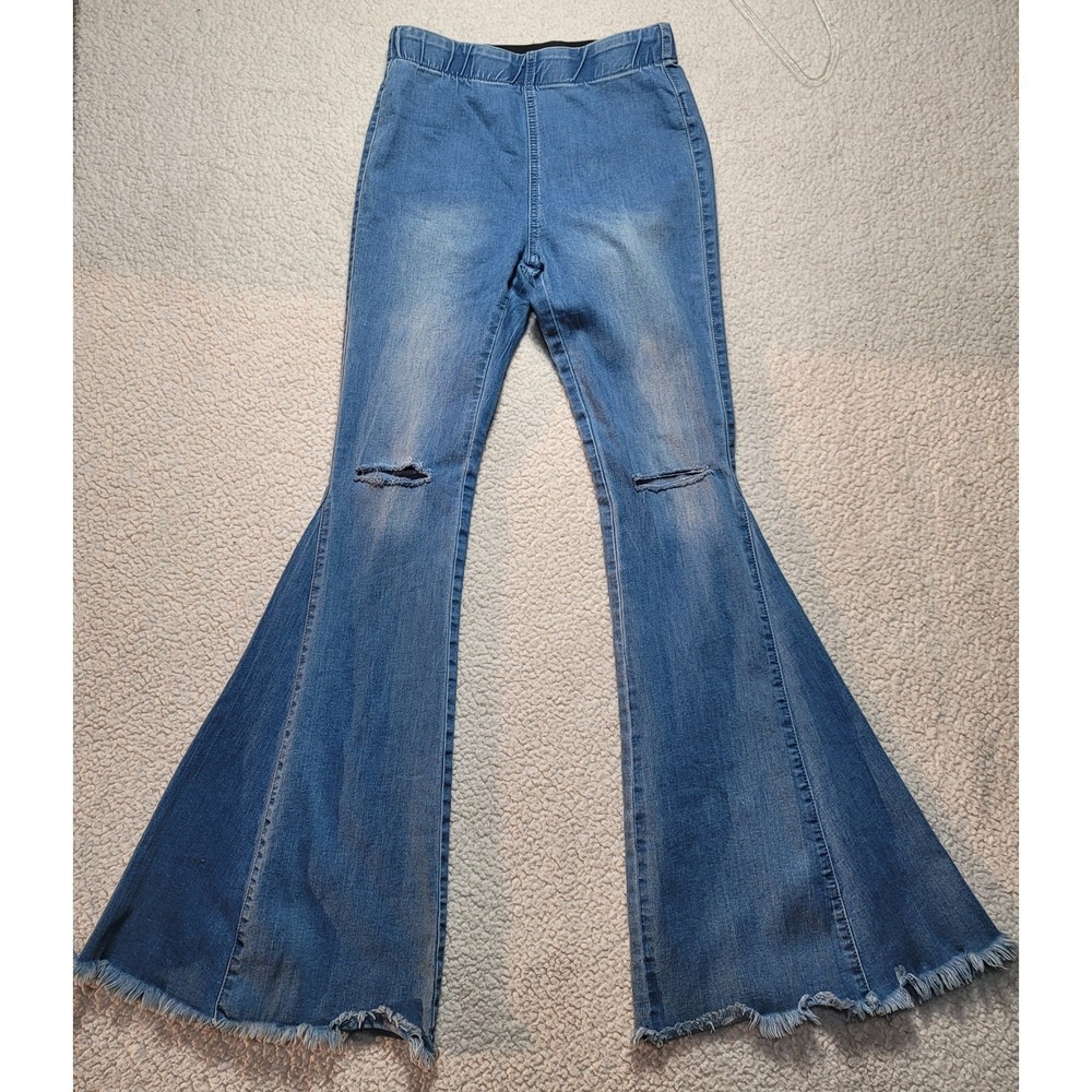 VTG Newbury Kustom Womens Distressed Flare Bell Bottom Jeans Blue Small Pull On